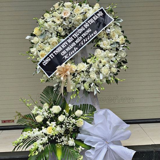 Vòng hoa viếng hồng trắng, đồng tiền trắng - KV75