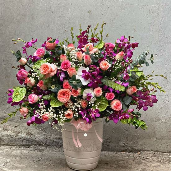 Bình hoa lan tím, hoa hồng - BI106