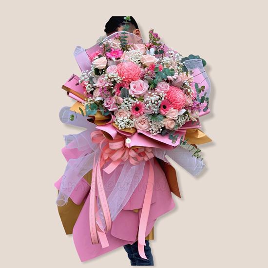 Bó hoa cúc mẫu đơn, hoa hồng - HB147