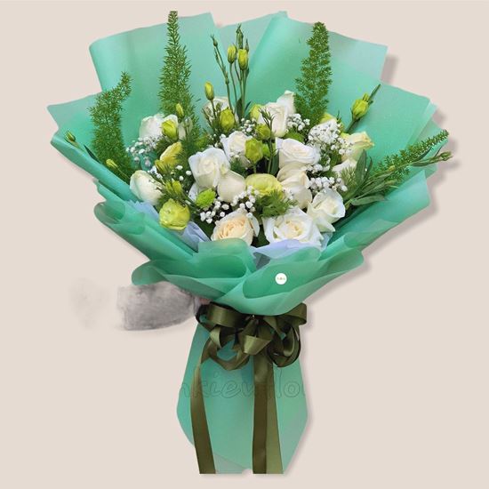 Bó hoa hồng trắng, cát tường xanh - HB146