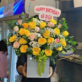 Lẵng hoa hồng vàng, kem - HG225