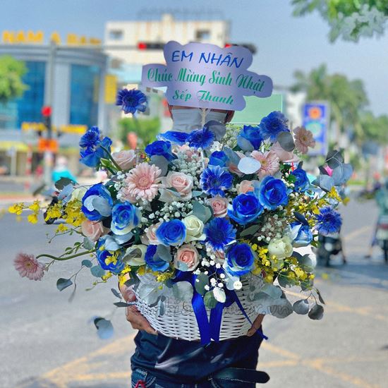 giỏ hoa hồng xanh, đồng tiền nhí - HG236