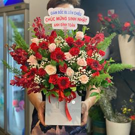 giỏ hoa đồng tiền đỏ, hoa hồng - HG238