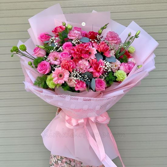 Bó hoa hồng vân gỗ đỏ, cát tường xanh - HB221