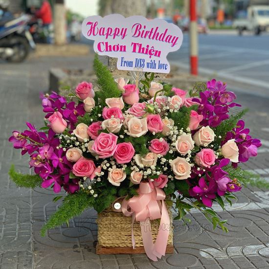 Lẵng hoa hồng dâu, lan tím - HG242