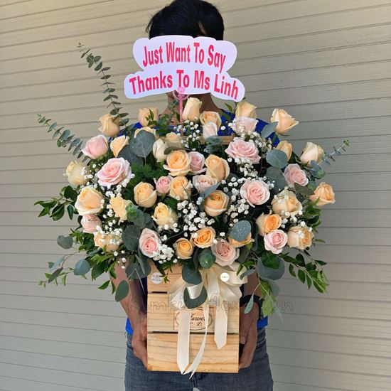 Lẵng hoa hồng mỡ gà, hồng pastel - HG246