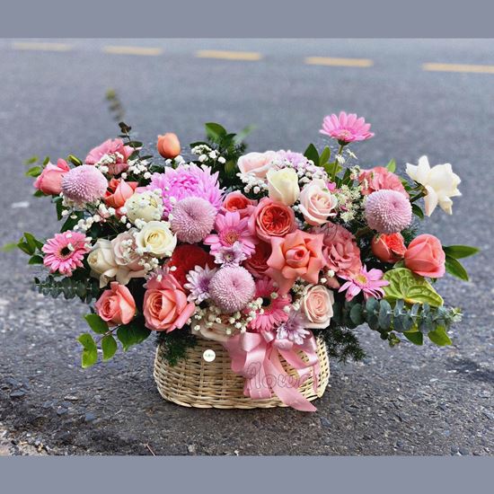 giỏ hoa hồng cam london, cúc pingpong hồng - HG260