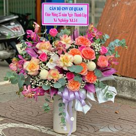 Bình hoa hồng cam london, lan tím - BI144