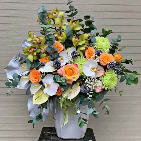 Bình hoa địa lan xanh, cúc mẫu đơn xanh - BI145