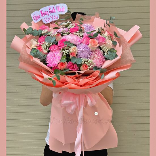 Bó hoa cúc mẫu đơn, hoa hồng - HB247