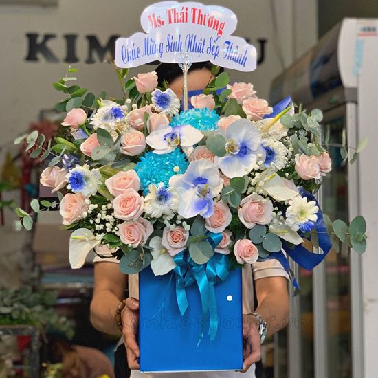 giỏ hoa cúc mẫu đơn, hồng kem - HG268 