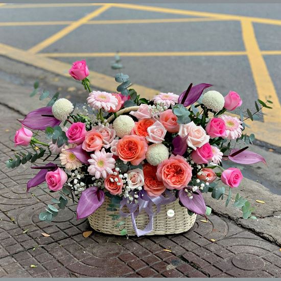 giỏ hoa hồng cam london, hồng môn tím - HG271