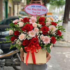 giỏ hoa hồng đỏ, đồng tiền nhí - HG278