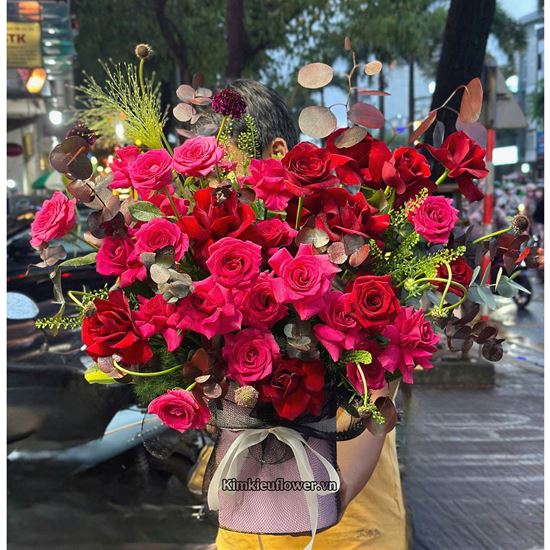 Hộp hoa hồng pink ploy mix hồng đỏ - HG886