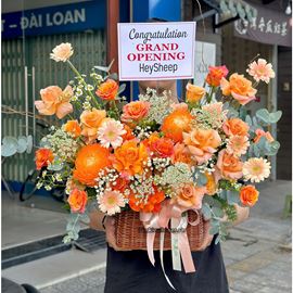 giỏ hoa hồng tone cam, cúc mẫu đơn - HG594