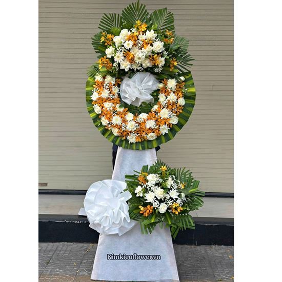 Vòng hoa chia buồn tone trắng vàng - KV285