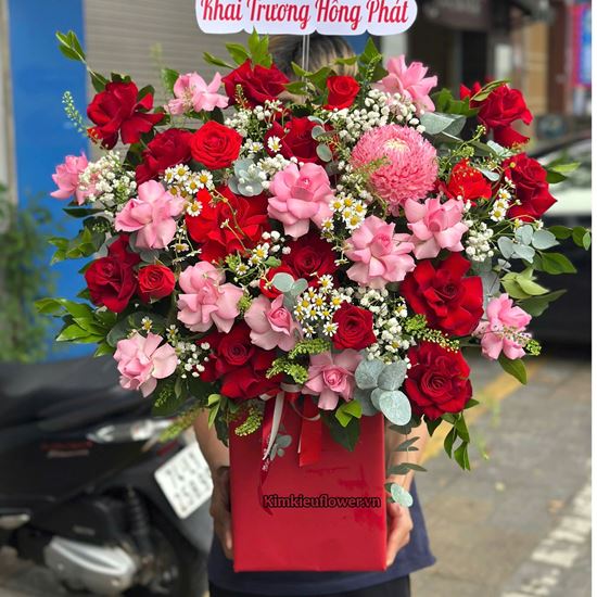 Giỏ hoa tone đỏ mix hồng lạc thần - HG891