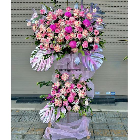 Kệ hoa chúc mừng tone hồng, cúc mẫu đơn - KH439