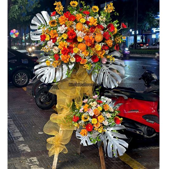 Kệ hoa chúc mừng tone đỏ cam - KH444