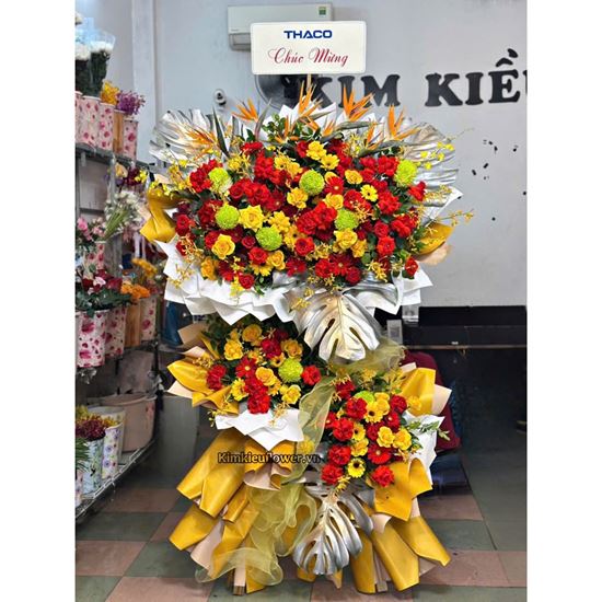 Kệ hoa chúc mừng tone đỏ, xanh lá, thiên điểu - KH448