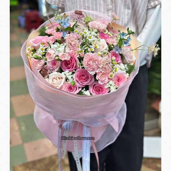 Bó hoa tone hồng mix sao xanh - HB898