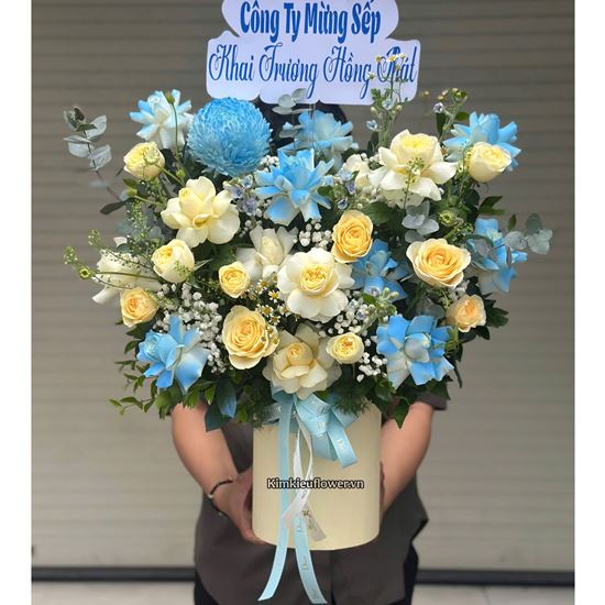 Giỏ hoa chúc mừng tone xanh dương vàng mix cúc mẫu đơn - HG901