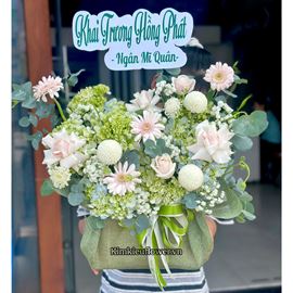Giỏ hoa chúc mừng cẩm tú cầu mix pingpong trắng - HG905