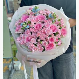 bó hoa hồng lạc thần mix cẩm chướng hồng - HB960