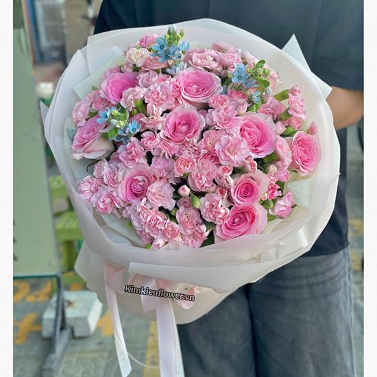 bó hoa hồng lạc thần mix cẩm chướng hồng - HB960