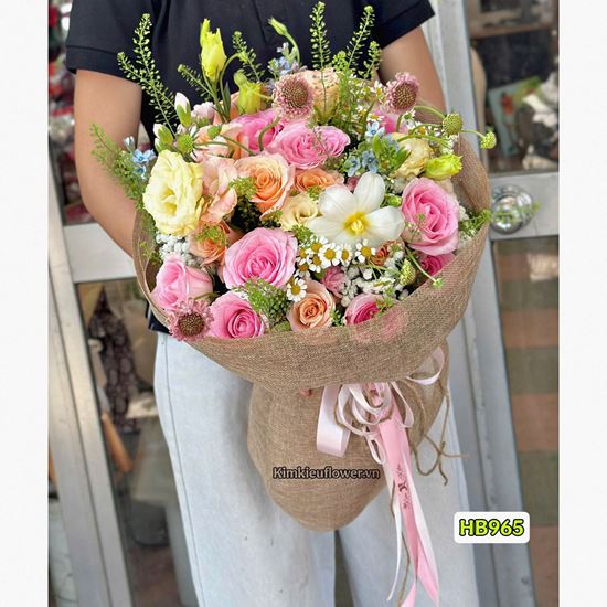 Bó hoa chúc mừng tone hồng mix tulip trắng - HB965