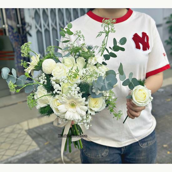 Bó hoa cưới hồng trắng mix pingpong - HC110