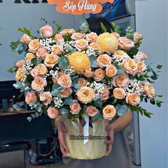 Giỏ hoa chúc mừng hồng shimmer mix cúc mẫu đơn - HG922