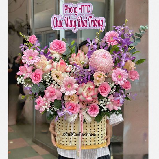 Giỏ hoa chúc mừng tone hồng mix cúc mẫu đơn hồng - HG927