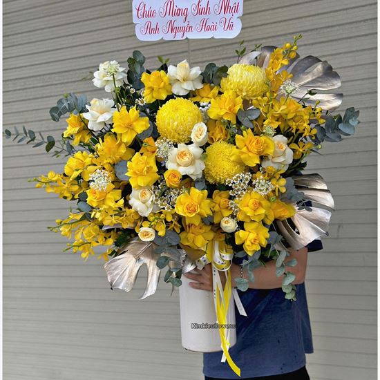 Bình hoa tone vàng mix lan vàng - BI349