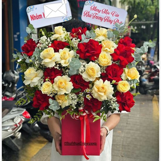 Giỏ hoa chúc mừng hồng đỏ eku mix victor vàng - HG934