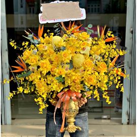 Bình hoa chúc mừng tone vàng mix thiên điểu - BI353