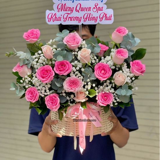 Giỏ hoa chúc mừng tone hồng kem - HG936