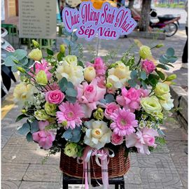 Giỏ hoa chúc mừng tone hồng vàng mix cát tường xanh - HG938