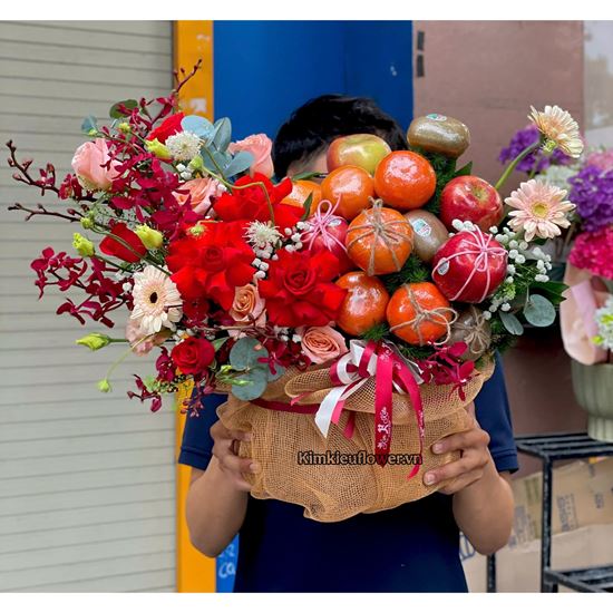 giỏ hoa trái cây tone đỏ cam - HTC23