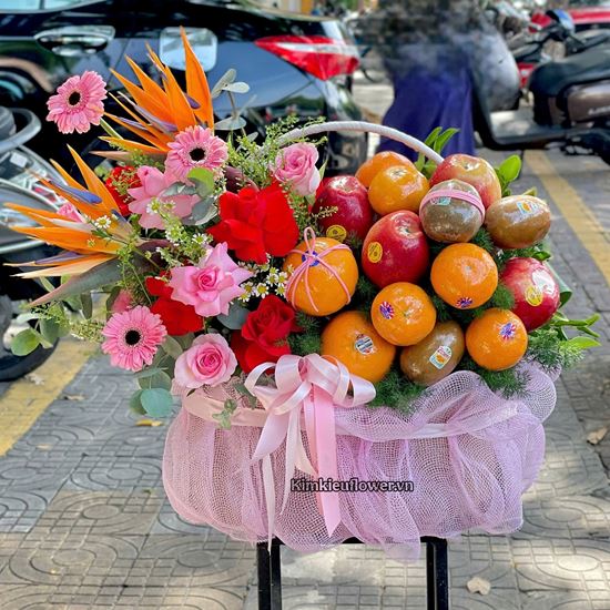 Giỏ hoa trái cây tone hồng cam - HTC31