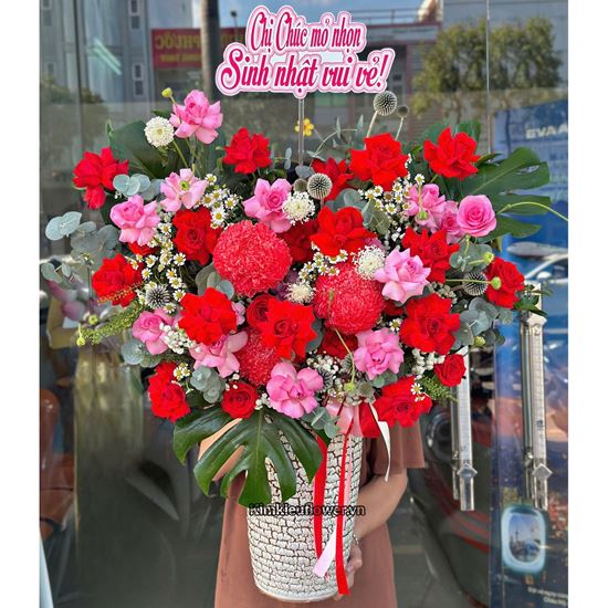 Bình hoa chúc mừng tone đỏ hồng - BI355