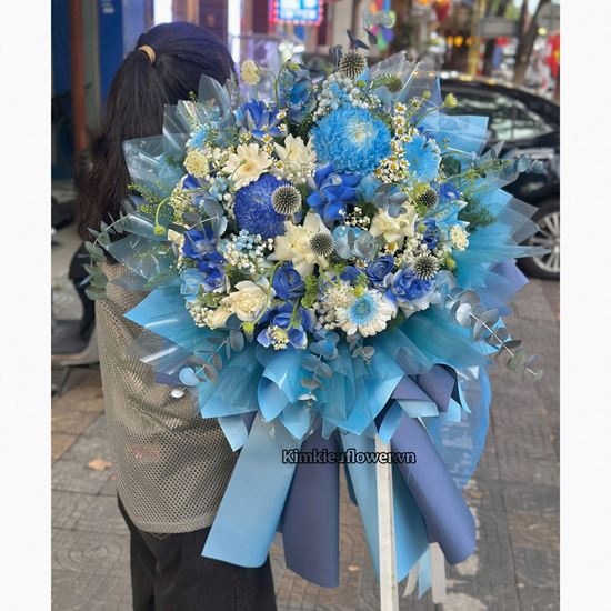 Bó hoa chúc mừng tone xanh dương mix cúc mẫu đơn - HB1007