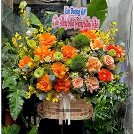 Giỏ hoa chúc mừng tone cam mix green wicky - HG952