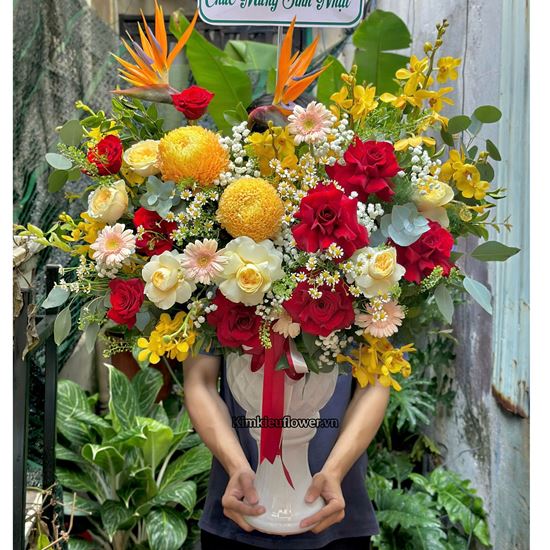 Bình hoa chúc mừng tone đỏ vàng mix thiên điểu - BI359
