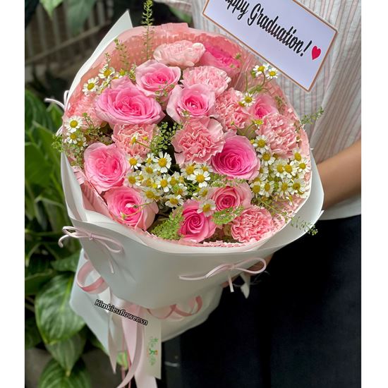 Bó hoa chúc mừng tone hồng mix cẩm chướng - HB1014