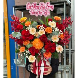 Giỏ hoa chúc mừng tone đỏ cam mix lan đỏ - HG959 Giỏ hoa chúc mừng tone đỏ cam mix lan đỏ - HG959