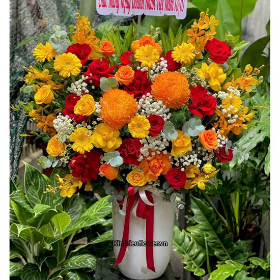 Bình hoa chúc mừng tone đỏ vàng - BI366