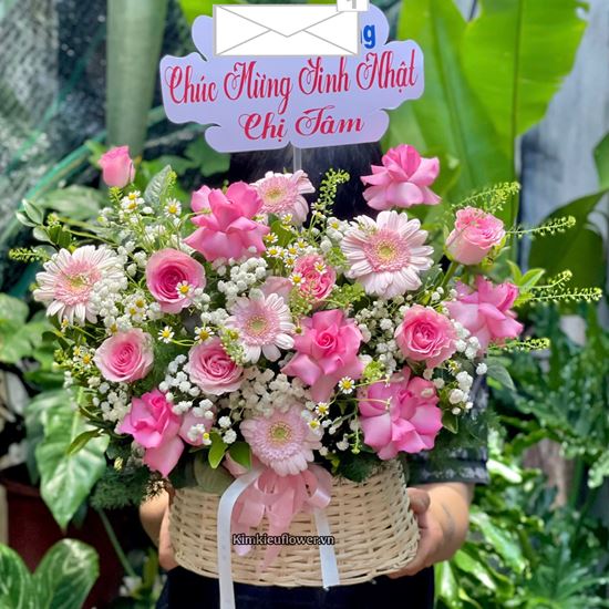 Giỏ hoa chúc mừng tone hồng mix cúc tana - HG964
