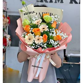 Bó hoa chúc mừng hồng cam mix cát tường xanh - HB1038