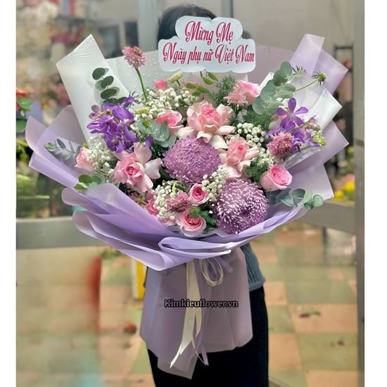 Bó hoa chúc mừng tone hồng tím mix cúc mẫu đơn - HB1049